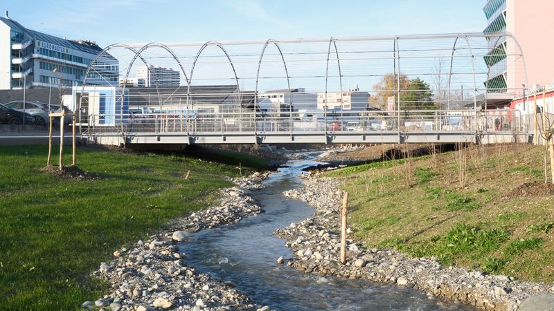 Remise à ciel ouvert de la Drize, PAV, Genève – Secteur Boissonnas : rivière en eau, vue d’une passerelle – Loris von Siebenthal